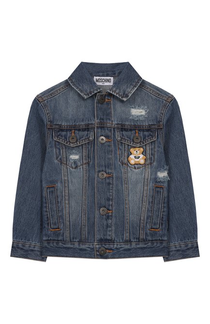 Детская джинсовая куртка MOSCHINO синего цвета, арт. HUS057/L0E35/4-8 | Фото 1 (Драгоценные камни: Проставлено; Материал сплава: Проставлено; Материал внешний: Хлопок; Рукава: Длинные)