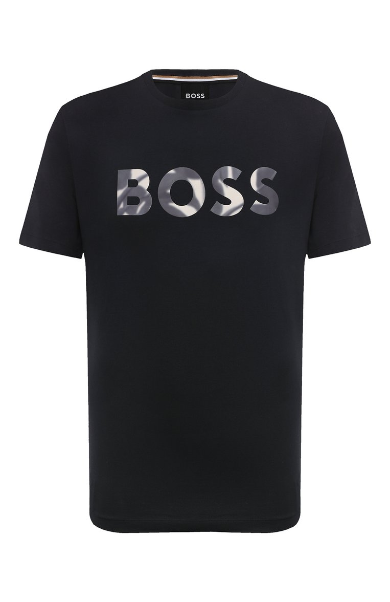 Мужская хлопковая футболка BOSS темно-синего цвета, арт. 50513382 | Фото 1 (Материал сплава: Проставлено; Рукава: Короткие; Драгоценные камни: Проставлено; Материал внешний: Хлопок; Стили: Кэжуэл; Принт: С принтом; Длина (для топов): Удлиненные; Мужское Кросс-КТ: Футболка-одежда; Кросс-КТ: Джерси)