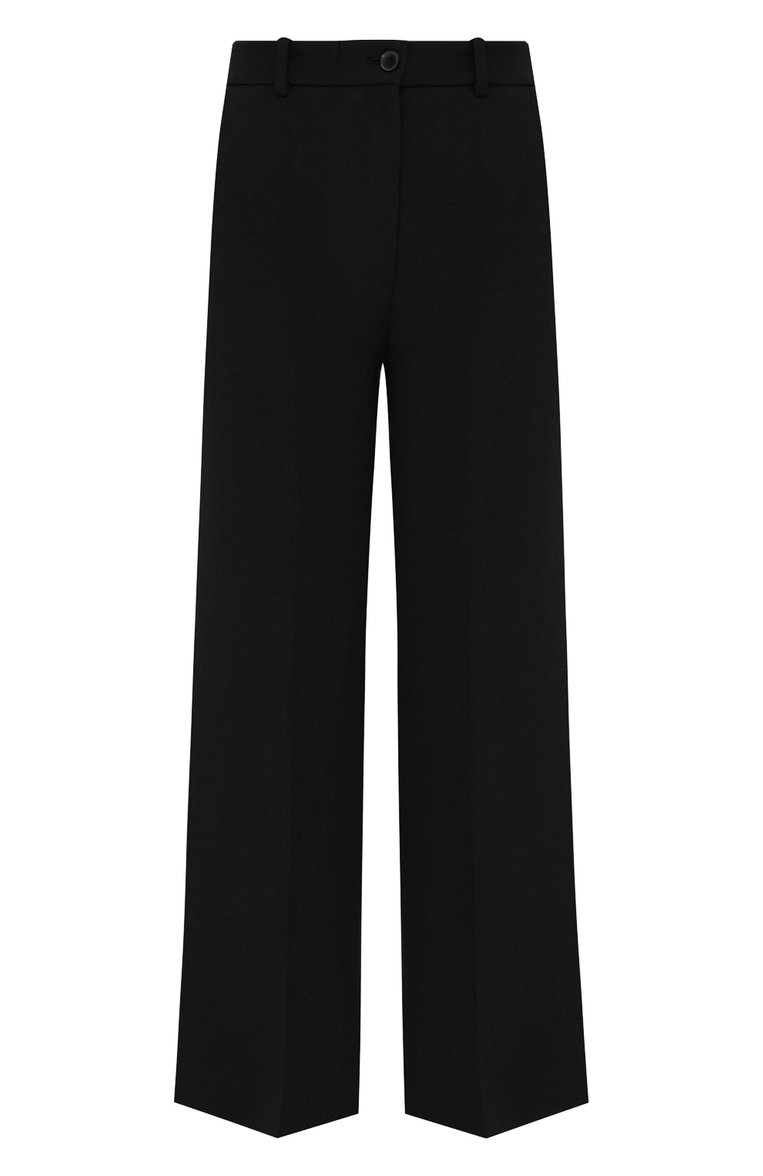 Женские брюки из шерсти и шелка VALENTINO черного цвета, арт. WB3RB4F01CF | Фото 1 (Силуэт Ж (брюки и джинсы): Широкие; Материал внешний: Шерс�ть, Шелк; Длина (брюки, джинсы): Стандартные; Женское Кросс-КТ: Брюки-одежда; Материал сплава: Проставлено; Драгоценные камни: Проставлено; Стили: Кэжуэл)