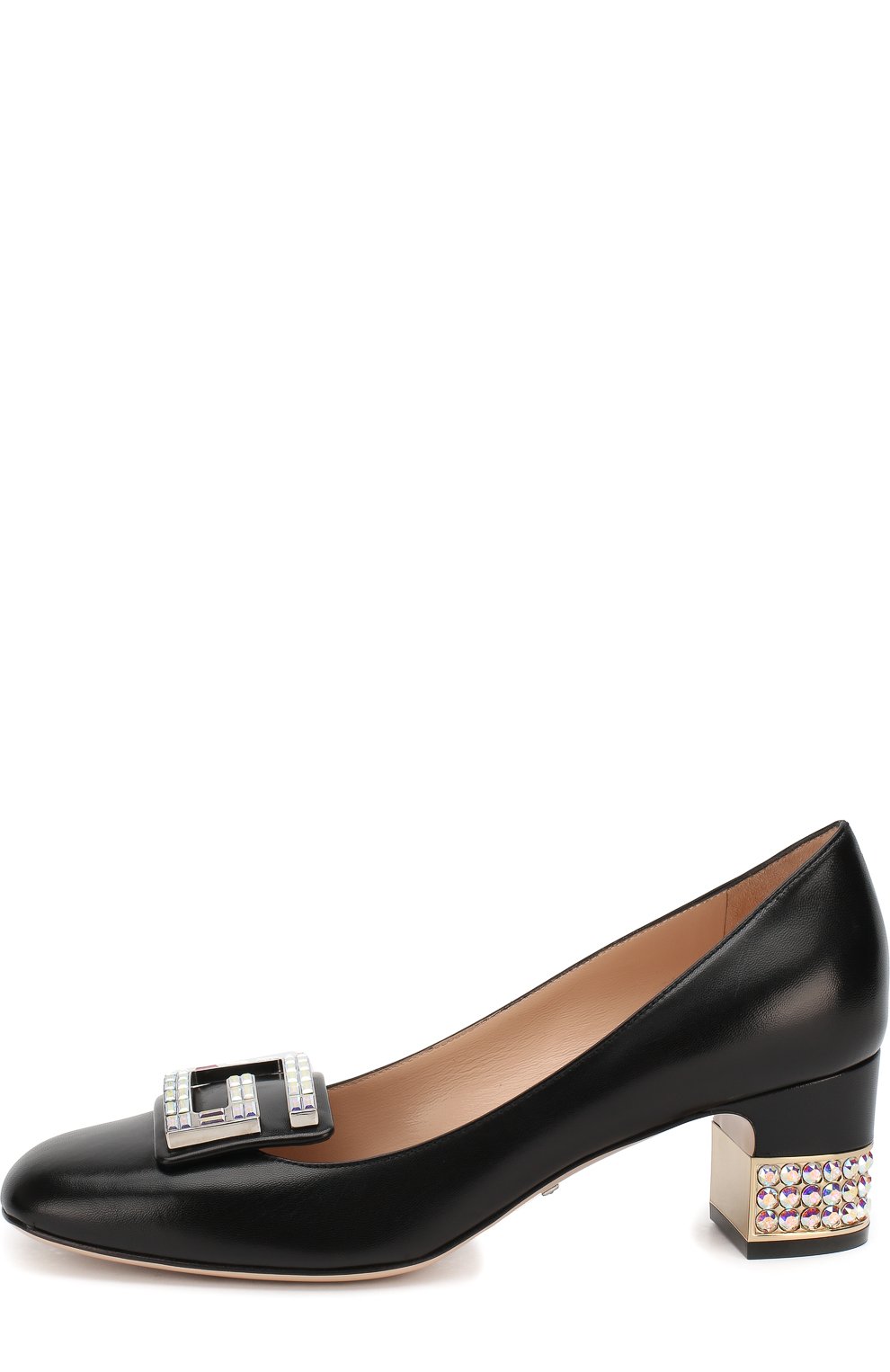 Кожаные туфли с отделкой кристаллами на устойчивом каблуке GUCCI, арт. 522697/C9D00, фото 3