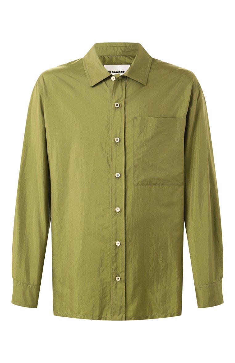 Мужская рубашка JIL SANDER салатового цвета, арт. J47DL0171-J70003 | Фото 1 (Материал внешний: Шелк, Синтетический материал; Длина (для топов): Стандартные; Материал сплава: Проставлено; Драгоценные камни: Проставлено; Рукава: Длинные; Стили: Минимализм, Кэжуэл; Принт: Однотонные; Воротник: Кент; Манжеты: На пуговицах; Случай: Повседневный)