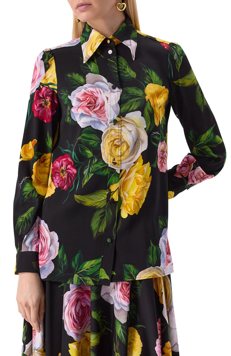 Женская шелковая блузка DOLCE & GABBANA разноцветного цвета, арт. F5S48T/FSA7B | Фото 3 (Рукава: Длинные; Длина (для топов): Стандартные; Драгоценные камни: Проставлено; Материал внешний: Шелк; Материал сплава: Проставлено; Принт: С принтом; Кросс-КТ: костюм; Женское Кросс-КТ: Блуза-одежда; Стили: Романтичный)