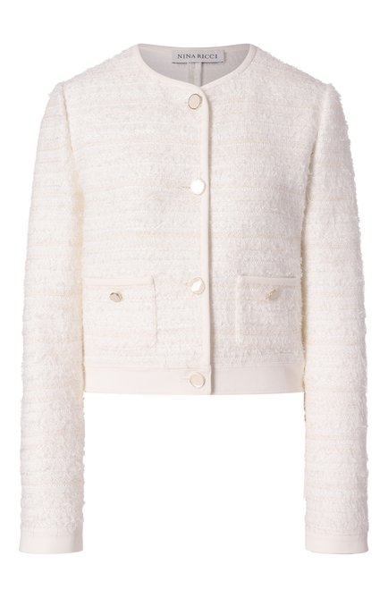 Женский твидовый кардиган NINA RICCI белого цвета, арт. 25PMCR003/ML0578 | Фото 1 (Драгоценные камни: Проставлено; Длина (для топов): Укороченные; Материал внешний: Хлопок; Материал сплава: Проставлено; Рукава: Длинные)