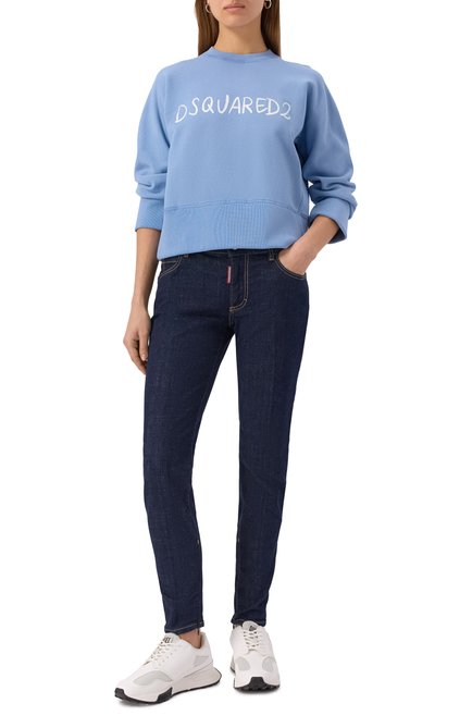 Женский хлопковый свитшот DSQUARED2 голубого цвета, арт. S72GU0495/S25539 | Фото 2 (Материал внешний: Хлопок; Драгоценные камни: Проставлено; Рукава: Длинные; Материал сплава: Проставлено; Длина (для топов): Стандартные)