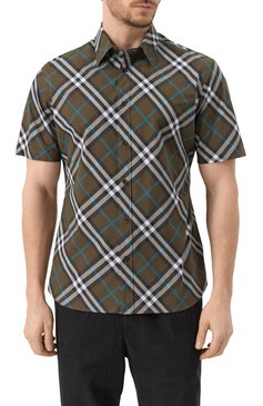 Мужская хлопковая рубашка BURBERRY хаки цвета, арт. 8099224 | Фото 3 (Рукава: Короткие; Материал сплава: Проставлено; Драгоценные камни: Проставлено; Длина (для топов): Стандартные; Воротник: Кент; Принт: Клетка; Стили: Кэжуэл; Случай: Повседневный; Материал внешний: Хлопок)