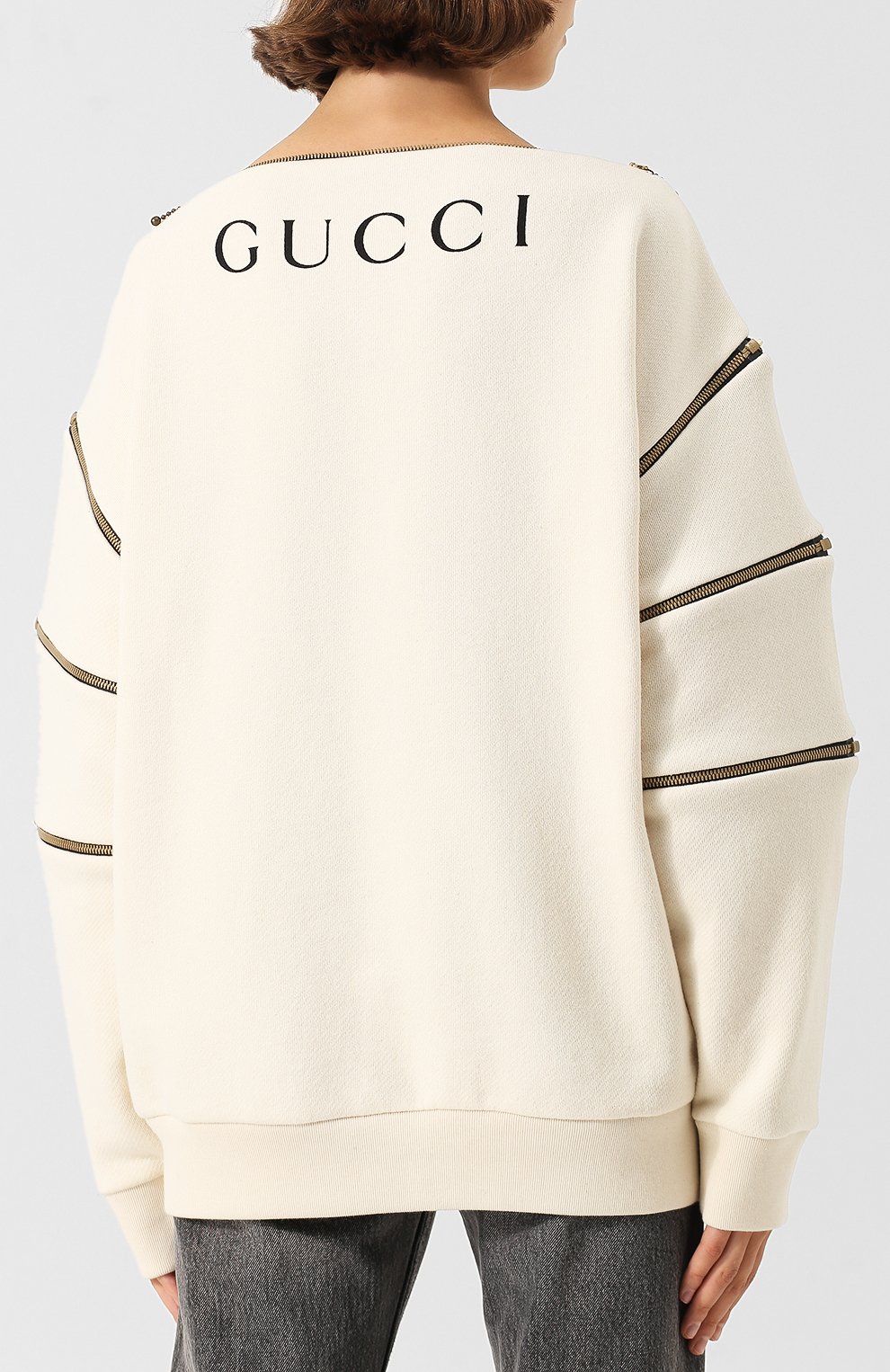 Хлопковый пуловер свободного кроя с металлическими молниями и принтом GUCCI белого цвета по цене 87350 руб., арт. 539086/X3Q17, фото 4 Хлопковый пуловер свободного кроя с металлическими молниями и принтом GUCCI, арт. 539086/X3Q17, фото 4