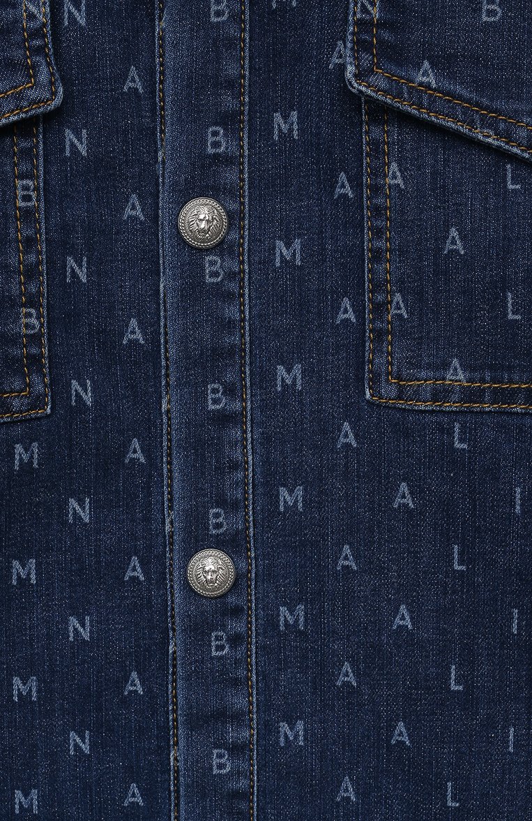 Детского джинсовая куртка-рубашка BALMAIN темно-синего цвета, арт. BU5P30 | Фото 3 (Рукава: Длинные; Материал внешний: Хлопок, Деним; Кросс-КТ: Деним, Демисезон; Ростовка одежда: 12 лет | 152 см, 16 лет | 164 см, 13 - 15 лет | 158 см, 8 лет | 128 см, 10 - 11 лет | 140 - 146см)
