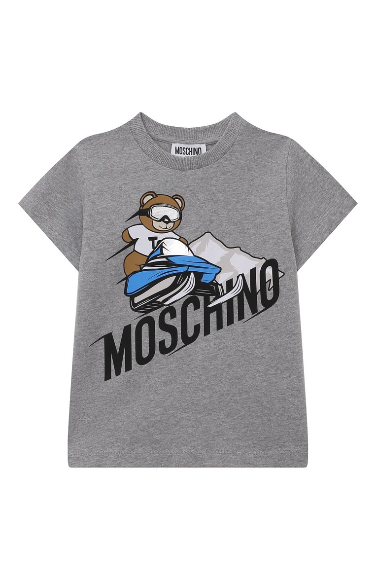 Детская хлопковая футболка MOSCHINO серого цвета, арт. HYM03U/LAA01/4A-8A | Фото 1 (Драгоценные камни: Проставлено; Материал сплава: Проставлено; Рукава: Короткие; Материал внешний: Хлопок; Мальчики Кросс-КТ: Футболка-одежда; Тематический товар: Teddy Bear)