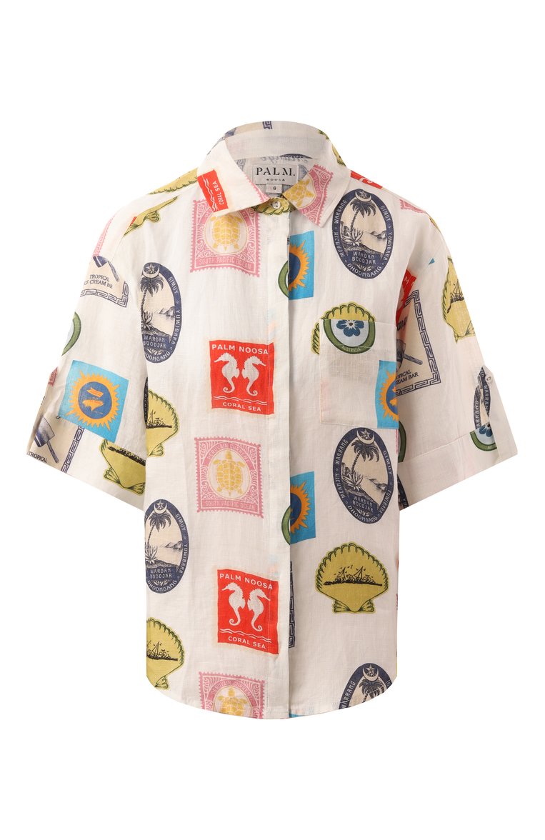 Женский льняная рубашка PALM NOOSA кремового цвета, арт. MIRAGE SHIRT | Фото 1 (Материал сплава: Проставлено; Длина (для топов): Стандартные; Драгоценные камни: Проставлено; Материал внешний: Лен; Стили: Кэжуэл; Кросс-КТ: Пляж)