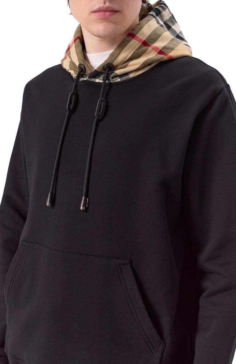 Мужской хлопковое худи BURBERRY черного цвета, арт. 8058117 | Фото 5 (Длина (для топов): �Стандартные; Рукава: Длинные; Мужское Кросс-КТ: Худи-одежда; Стили: Кэжуэл; Принт: Без принта; Материал внешний: Хлопок; Автоматизация состава: Проставлено; Автоматизация ТО: Проставлено)
