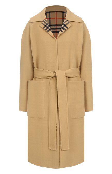 Женское двустороннее пальто BURBERRY бежевого цвета, арт. 8093825 | Фото 1 (Материал внешний: Шерсть; Длина (верхняя одежда): До колена; Материал сплава: Проставлено; Рукава: Длинные; Драгоценные камни: Проставлено)