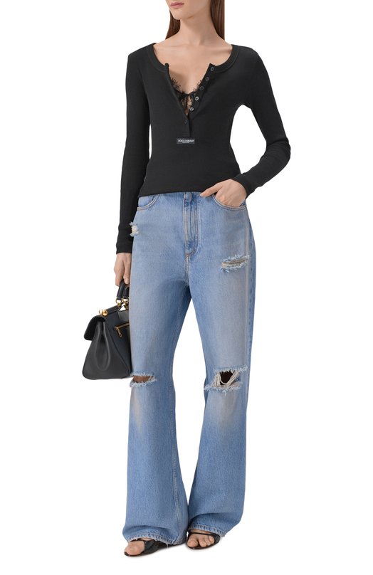 Хлопковый лонгслив-хенли Dolce & Gabbana F8W44T/FU7AV Чёрный  F8W44T/FU7AV Фото 2