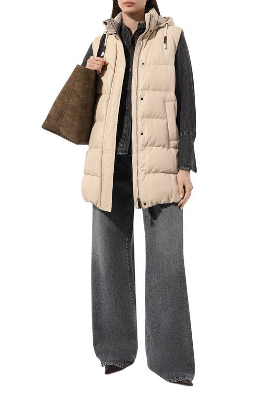 Пуховый кожаный жилет Brunello Cucinelli MPNPI9624P Кремовый  MPNPI9624P Фото 2