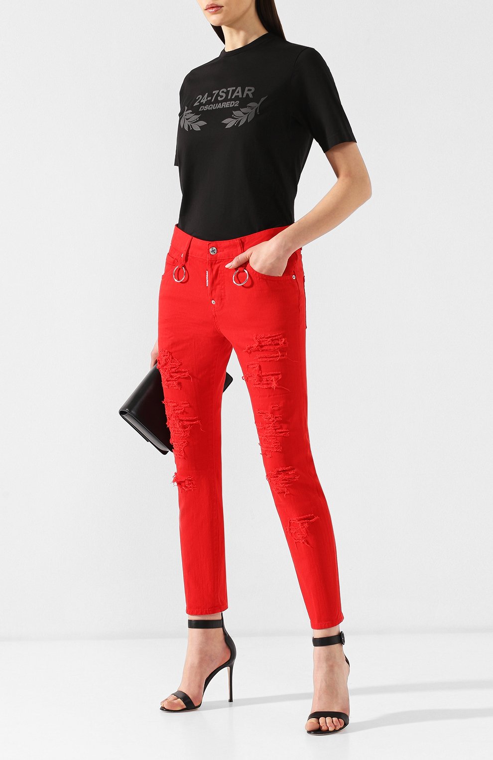 Джинсы с потертостями DSQUARED2 красного цвета по цене 54950 руб., арт. S75LB0139/STN833, фото 2 Джинсы с потертостями DSQUARED2, арт. S75LB0139/STN833, фото 2