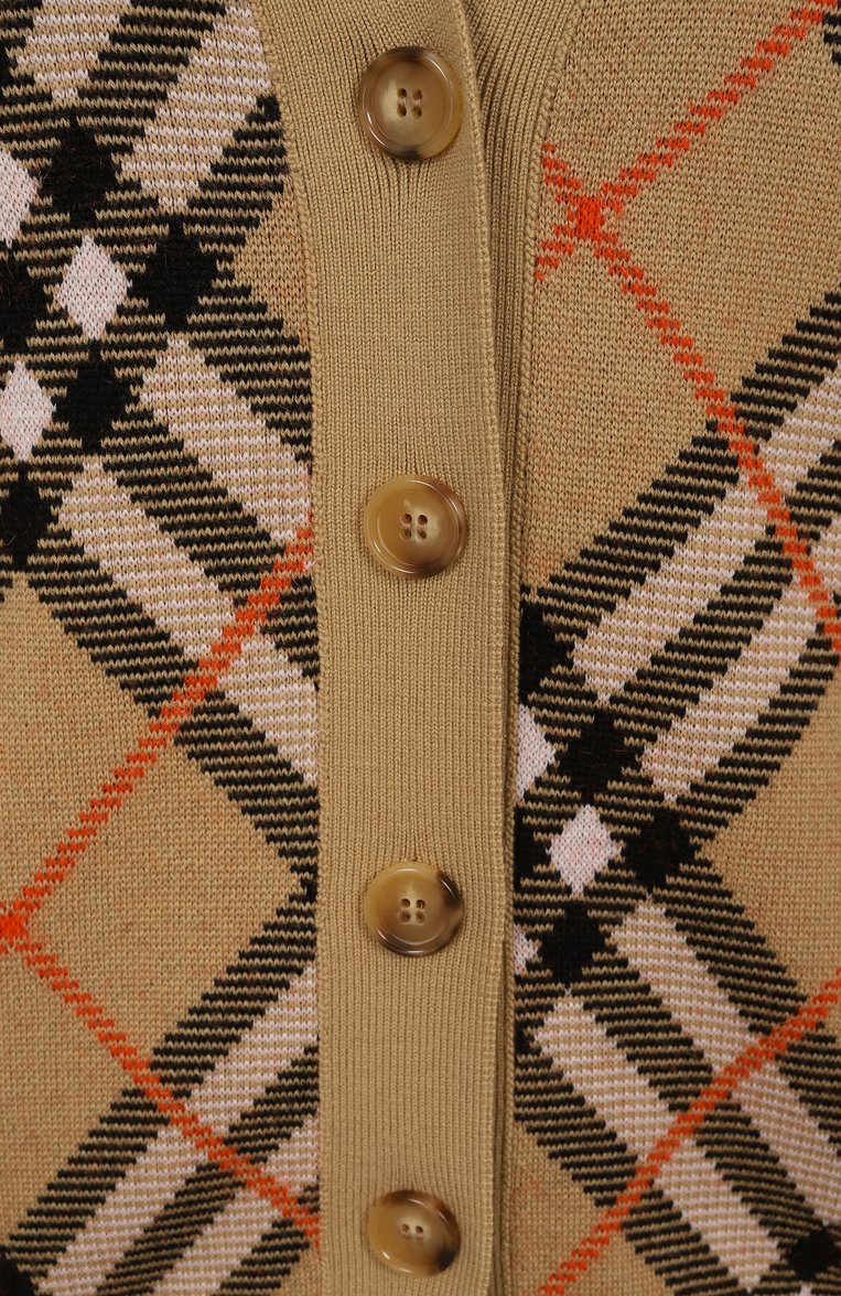 Женский шерстяной кардиган BURBERRY бежевого цвета, арт. 8093491 | Фото 6 (Материал внешний: Шерсть; Рукава: Длинные; Длина (для топов): Стандартные; Женское Кросс-КТ: кардиган-трикотаж; Стили: Кэжуэл; Застежка: Пуговицы)