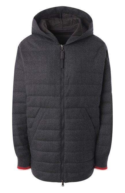 Женский пуховая куртка BRUNELLO CUCINELLI серого цвета, арт. MT2267799 | Фото 1 (Длина (верхняя одежда): Короткие; Драгоценные камни: Проставлено; Рукава: Длинные; Материал внешний: Шерсть; Материал подклада: Синтетический материал; Материал сплава: Проставлено)