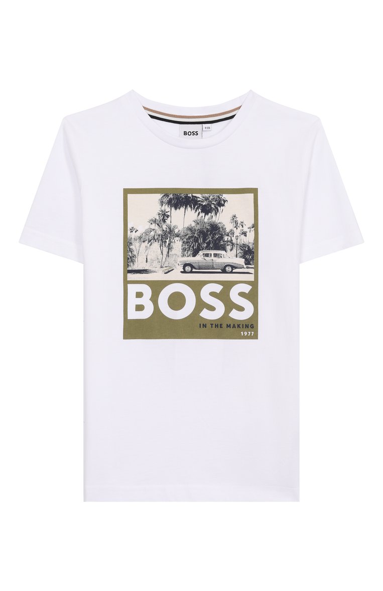 Детская хлопковая футболка BOSS белого цвета, арт. J52032 | Фото 1 (Рукава: Короткие; Материал внешний: Хлопок; Мальчики Кросс-КТ: Футболка-спорт, Футболка-одежда; Ростовка одежда: 9 лет | 134 см, 13 - 15 лет | 158 см, 12 лет | 152 см, 16 лет | 164 см, 5 лет | 110 см, 7 лет | 122 см)