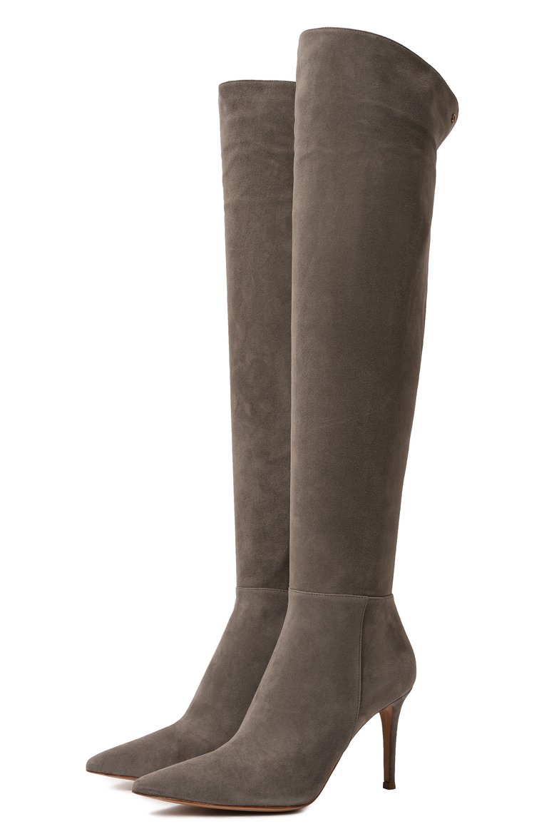 Женские замшевые ботфорты jules 85 GIANVITO ROSSI серого цвета, арт. G80222.85RIC.C45GREY | Фото 1 (Каблук высота: Высокий; Материал внутренний: Натуральная кожа; Подошва: Плоская; Материал утеплителя: Без утеплителя; Материал внешний: Замша, Натуральная кожа; Каблук тип: Шпилька)