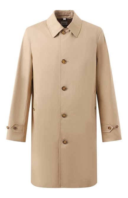 Мужской хлопковый плащ BURBERRY бежевого цвета, арт. 8050928 | Фото 1 (Рукава: Длинные; Драгоценные камни: Проставлено; Материал сплава: Проставлено; Длина (верхняя одежда): До середины бедра)