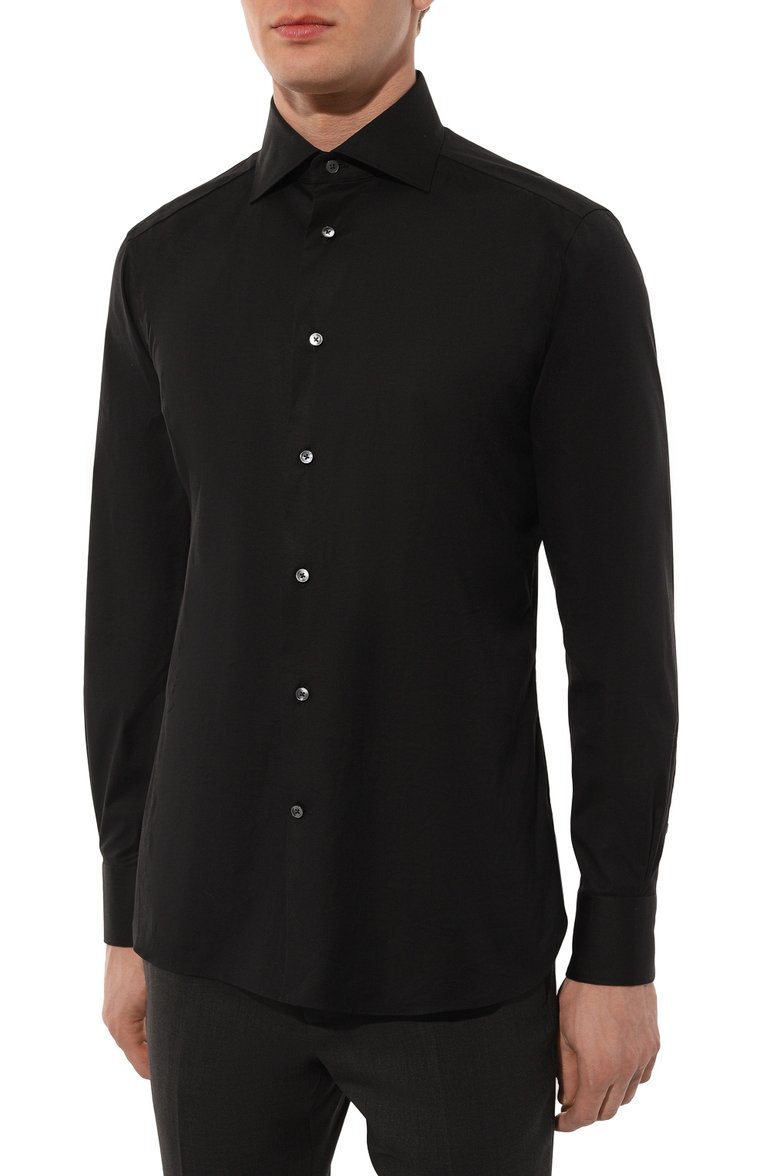 Мужская хлопковая сорочка ZEGNA черного цвета, арт. 704104A7/9MS0BA | Фото 3 (Длина (для топов): Стандартные; Материал внешний: Хлопок; Драгоценные камни: Проставлено; Материал сплава: Проставлено; Рукава: Длинные; Манжеты: На пуговицах; Рубашки М: Regular Fit; Случай: Повседневный, Формальный; Принт: Однотонные; Воротник: Кент; Стили: Кэ�жуэл)