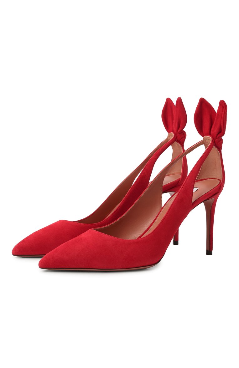 Женские замшевые туфли bow tie 85 AQUAZZURA красного цвета, арт. DENMIDP0-SUE-000 | Фото 1 (Материал внешний: Натуральная кожа, Замша; Материал внутренний: Натуральная кожа; Каблук высота: Высокий; Подошва: Плоская; Каблук тип: Шпилька; Автоматизация состава: Проставлено; Автоматизация ТО: Проставлено)