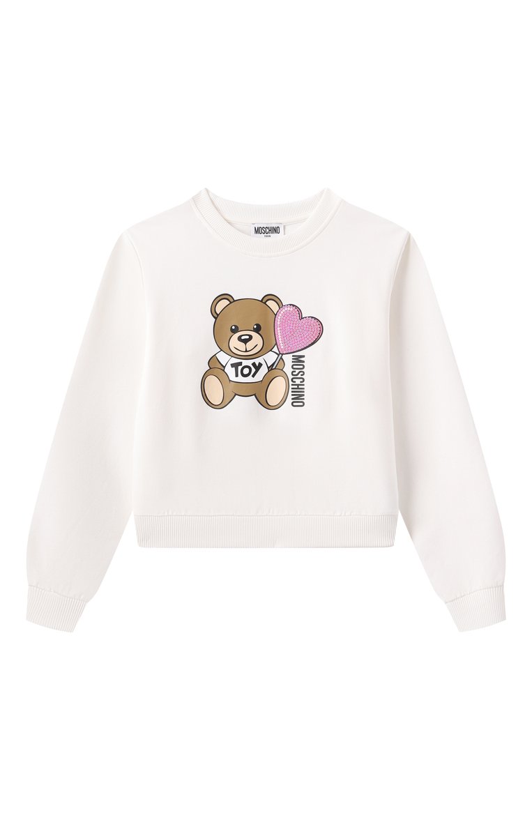 Детский хлопковый свитшот MOSCHINO молочного цвета, арт. HDF066/LDA00/4-8 | Фото 1 (Драгоценные камни: Проставлено; Материал сплава: Проставлено; Рукава: Длинные; Девочки Кросс-КТ: Свитшот-одежда; Тематический товар: Teddy Bear; Материал внешний: Хлопок; Ростовка одежда: 4 года | 104 см, 6 лет | 116 см, 8 лет | 128 см, 5 лет | 110 см)