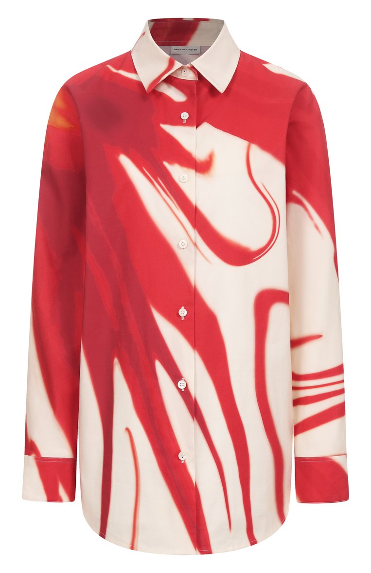 Женская хлопковая рубашка DRIES VAN NOTEN красного цвета, арт. 251-010713-1036 | Фото 1 (Длина (для топов): Удлиненные; Рукава: Длинные; Материал внешний: Хлопок; Женское Кросс-КТ: Рубашка-одежда; Принт: С принтом; Стили: Минимализм)
