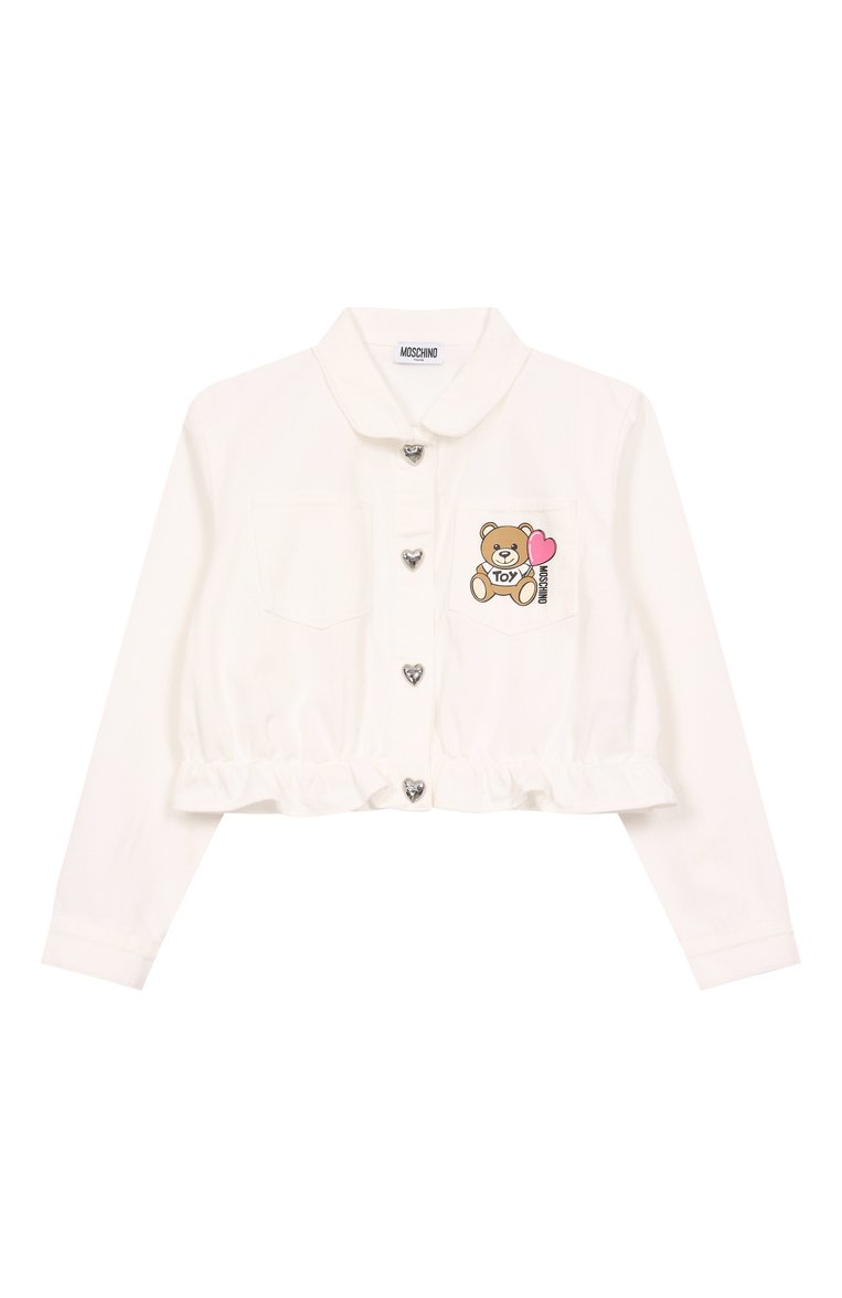 Детская джинсовая куртка MOSCHINO молочного цвета, арт. HDS04X/L0A14/10-14 | Фото 1 (Материал внешний: Хлопок, Деним; Рукава: Длинные; Кросс-КТ: Деним; Тематический товар: Teddy Bear; Ростовка одежда: 10 - 11 лет | 140 - 146см, 12 лет | 152 см)