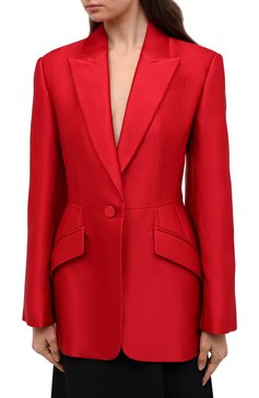 Женский шелковый жакет ALEXANDER MCQUEEN красного цвета, арт. 636289/QBAAW | Фото 4 (Материал подклада: Синтетический материал; Рукава: Длинные; Материал внешний: Шелк; 1-2-бортные: Однобортные; Женское Кросс-КТ: Жакет-одежда; Случай: Вечерний; Длина (для топов): Удлиненные)