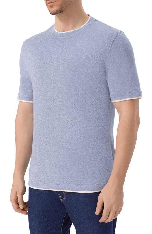 Футболка из хлопка и льна Brunello Cucinelli MW8357427 Голубой  MW8357427 Фото 3