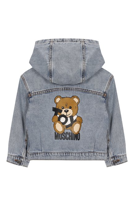 Детского джинсовая куртка MOSCHINO голубого цвета, арт. HUS052/L0E08/4-8 | Фото 2 (Драгоценные камни: Проставлено; Материал внешний: Хлопок; Рукава: Длинные; Материал сплава: Проставлено)