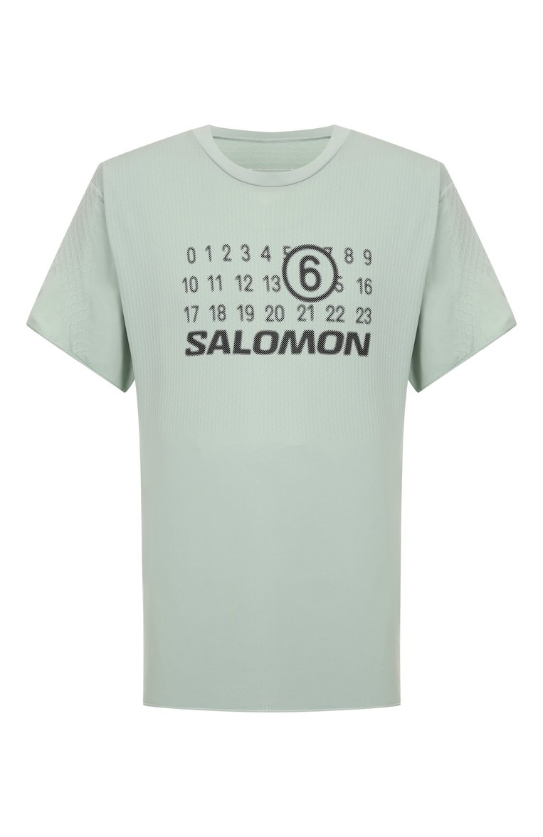 Мужская футболка  mm6 maison margiela x salomon MM6 светло-зеленого цвета, арт. SH0GC0051/M20101 | Фото 1 (Автоматизация ТО: Проставлено; Рукава: Короткие; Автоматизация состава: Проставлено; Материал внешний: Синтетический материал; Длина (для топов): Удлиненные; Принт: С принтом; Мужское Кросс-КТ: Футболка-одежда; Стили: Спорт-шик, Кэжуэл; Детали: Без декора)