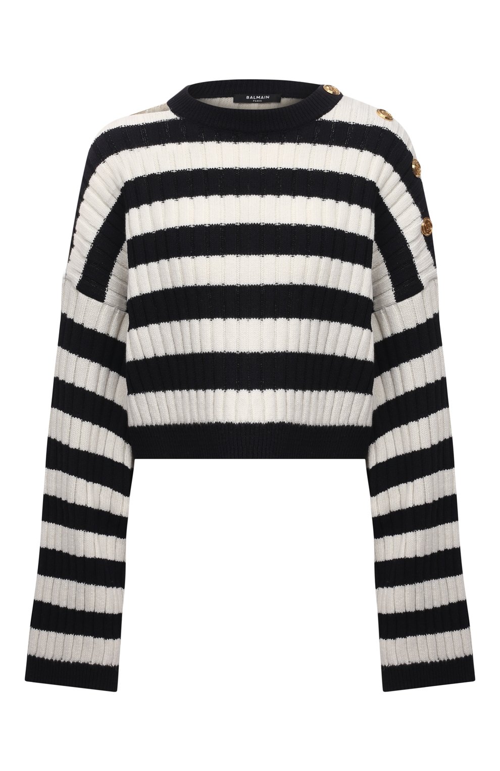 Шерстяной свитер BALMAIN черно-белого цвета по цене 118500 руб., арт. WF0KA030/K317, фото 1 Шерстяной свитер BALMAIN, арт. WF0KA030/K317, фото 1