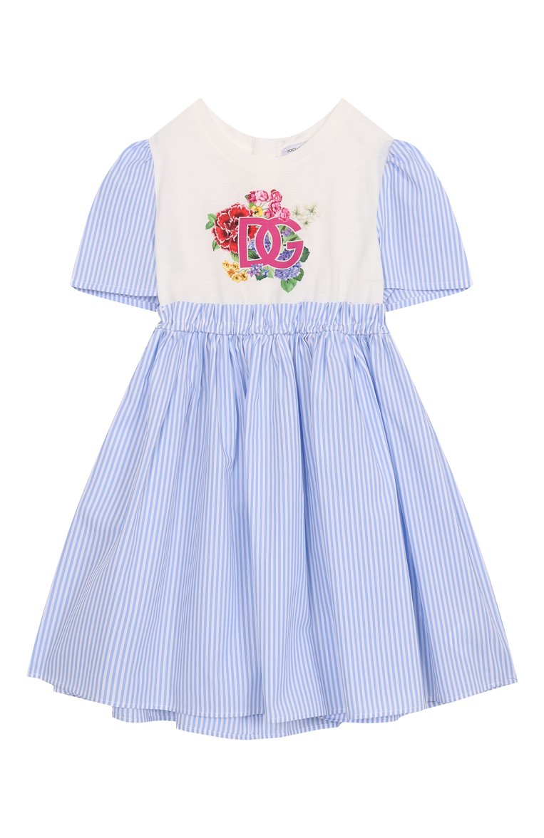 Детское хлопковое платье DOLCE & GABBANA голубого цвета, арт. L5JD9W/G707X/2-6 | Фото 1 (Материал внешний: Хлопок; Рукава: Короткие; Случай: Повседневный; Девочки Кросс-КТ: Платье-одежда; Автоматизация ТО: Проставлено; Автоматизация состава: Проставлено; Ростовка одежда: 4 года | 104 см, 6 лет | 116 см)