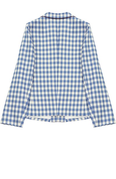 Шерстяной однобортный пиджак в клетку с нашивкой и контрастной отделкой GUCCI синего цвета по цене 49950 руб., арт. 452271/XBA12, фото 2 Шерстяной однобортный пиджак в клетку с нашивкой и контрастной отделкой GUCCI, арт. 452271/XBA12, фото 2