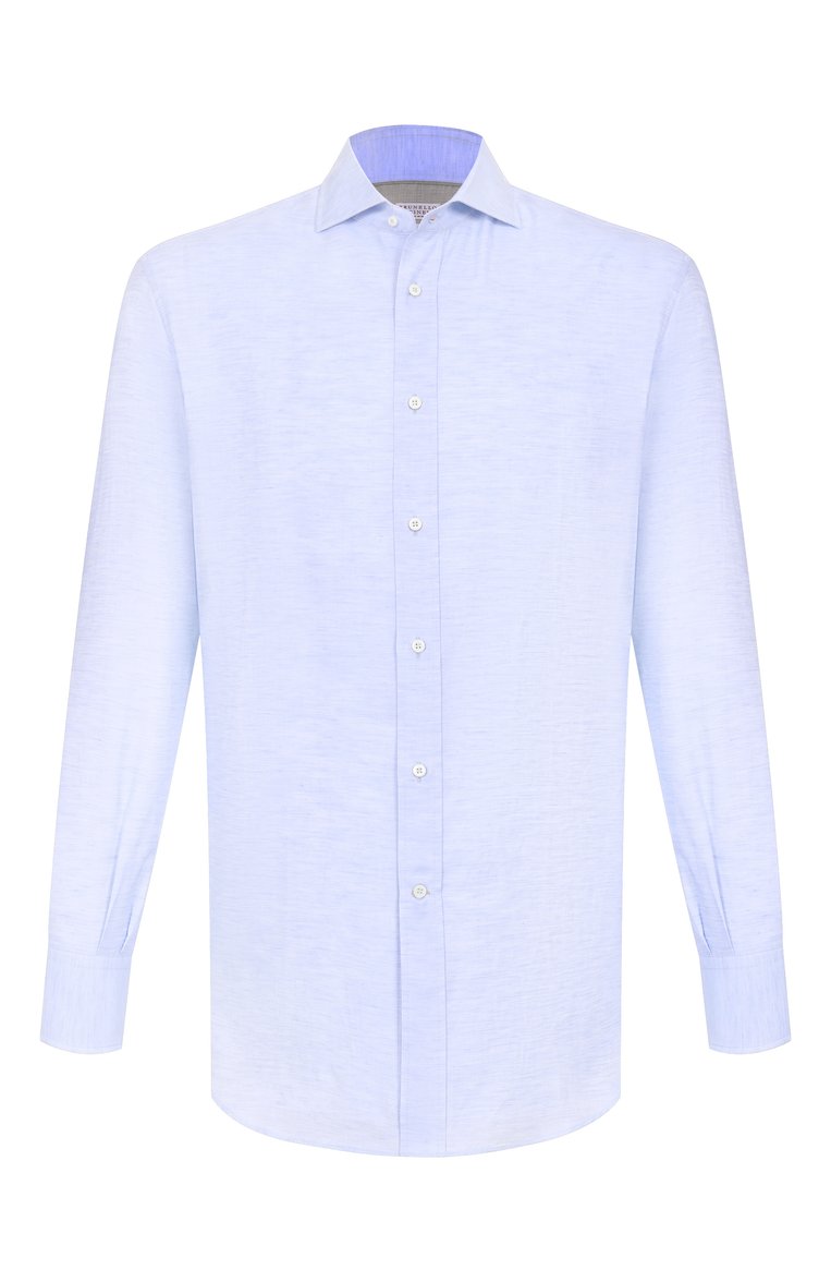 Мужская рубашка из хлопка и льна BRUNELLO CUCINELLI голубого цвета, арт. MR6250028 | Фото 1 (Длина (для топов): Стандартные; Рукава: Длинные; Материал внешний: Лен, Хлопок; Стили: Кэжуэл; Принт: Однотонные; Манжеты: На пуговицах; Случай: Повседневный; Воротник: Акула)