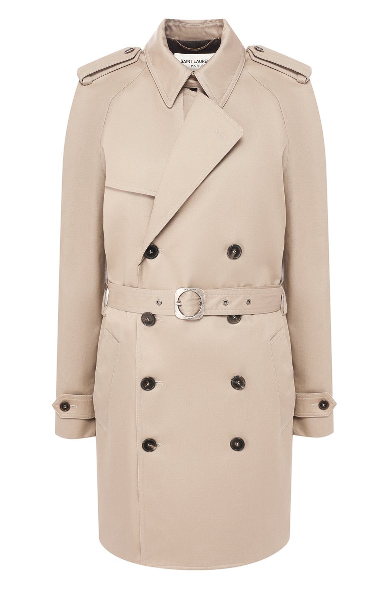 Женский хлопковый тренч SAINT LAURENT бежевого цвета, арт. 560541/Y600U | Фото 1 (Рукава: Длинные; Статус проверки: Проверена категория, Проверено; Материал внешний: Хлопок; Рукава от горловины: Длинные; Материал подклада: Вискоза; Длина (верхняя одежда): До середины бедра; Стили: Классический; Кросс-КТ: Куртка)