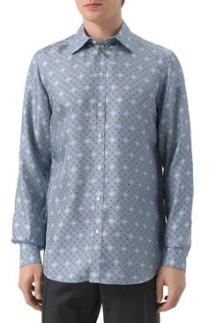 Мужская шелковая сорочка DOLCE & GABBANA голубого цвета, арт. G5MM4T/IS1XS | Фото 3 (Рукава: Длинные; Длина (для топов): Стандартные; Материал внешний: Шелк; Материал сплава: Проставлено; Драгоценные камни: Проставлено; Стили: Гламурный; Воротник: Кент; Рубашки М: Classic Fit; Манжеты: На пуговицах; Принт: С принтом; Случай: Формальный)