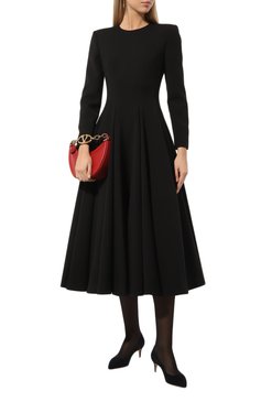 Женское шерстяное платье VALENTINO черного цвета, арт. 5B0VAD458WM | Фото 2 (Длина Ж (юбки, платья, шорты): Миди; Материал внешний: Шерсть; Драгоценные камни: Проставлено; Рукава: Длинные; Материал сплава: Проставлено; Случай: Повседневный; Женское Кросс-КТ: Платье-одежда; Стили: Романтичный)