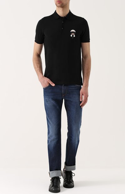 Хлопковое поло с кожаной аппликацией FENDI черного цвета по цене 41950 руб., арт. FY0837/0NZ, фото 2 Хлопковое поло с кожаной аппликацией FENDI, арт. FY0837/0NZ, фото 2