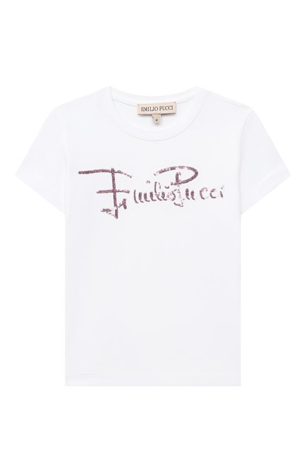 Детская хлопковая футболка EMILIO PUCCI белого цвета, арт. 9N8151/NC470/2-4 | Фото 1 (Рукава: Короткие; Материал внешний: Хлопок; Девочки Кросс-КТ: футболка-одежда; Ростовка одежда: 4 года | 104 см)