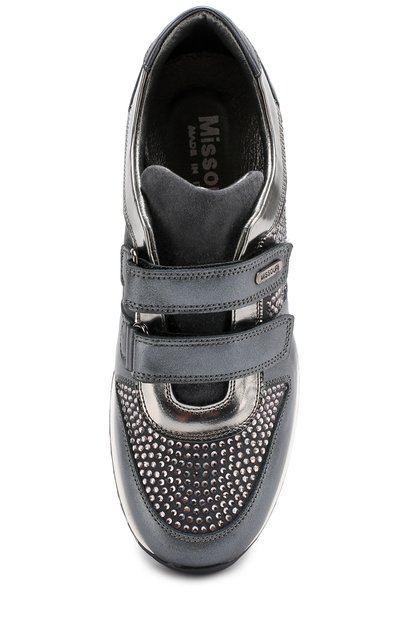 Кожаные кроссовки с замшевой отделкой и стразами на застежках велькро MISSOURI серого цвета по цене 28700 руб., арт. 11567B/35-41, фото 4 Кожаные кроссовки с замшевой отделкой и стразами на застежках велькро MISSOURI, арт. 11567B/35-41, фото 4