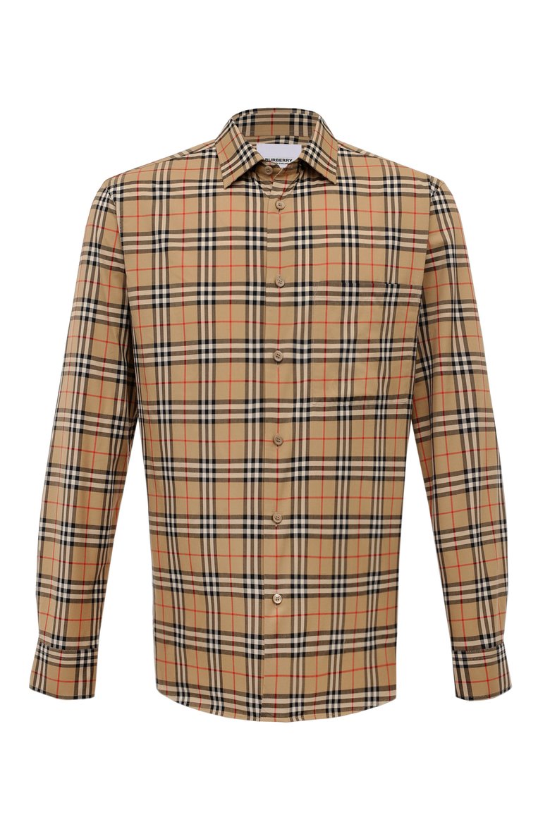 Мужская хлопковая рубашка BURBERRY бежевого цвета, арт. 8070582 | Фото 1 (Рукава: Длинные; Материал внешний: Хлопок; Длина (для топов): Стандартные; Воротник: Кент; Случай: Повседневный; Принт: Клетка; Манжеты: На пуговицах; Стили: Кэжуэл)
