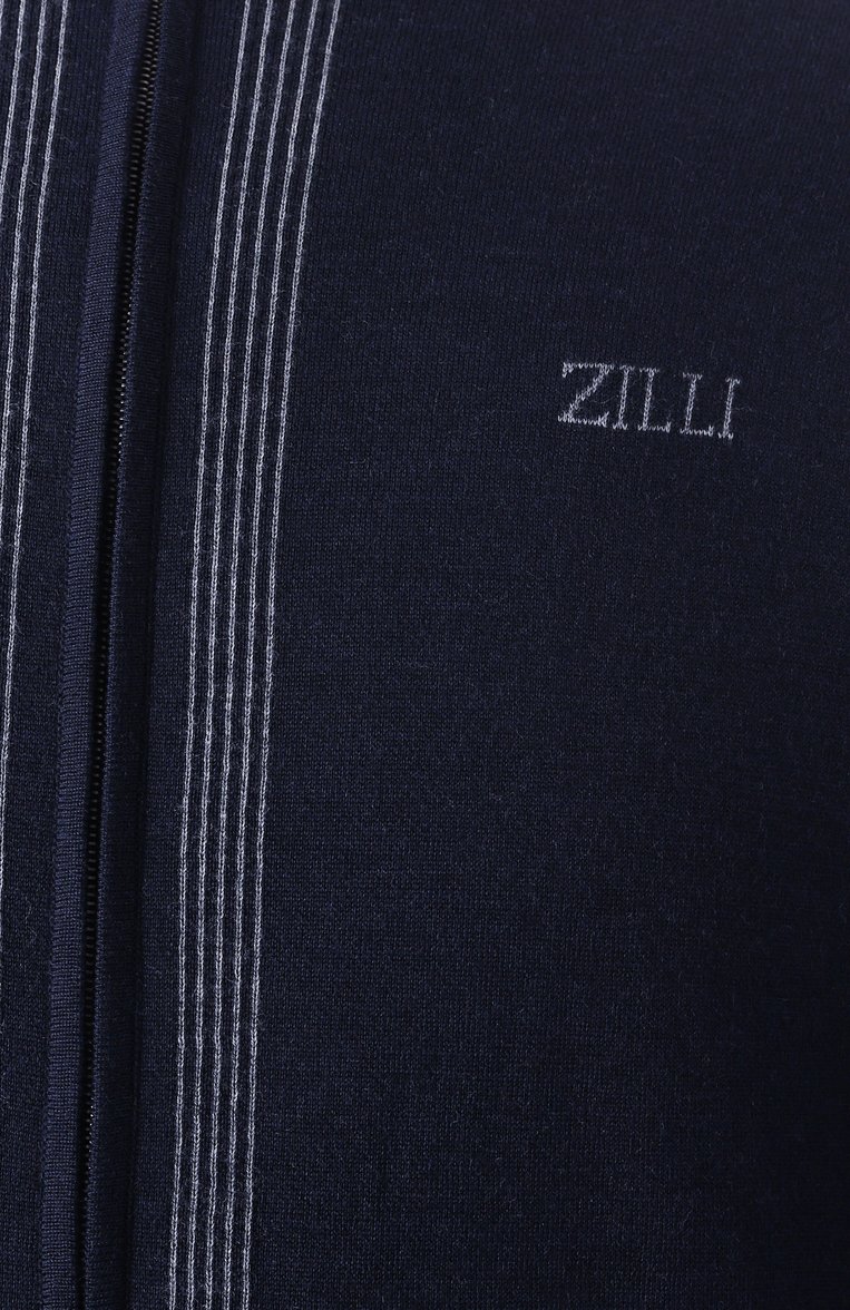 Мужской кардиган из шерсти и шелка ZILLI темно-синего цвета, арт. JSS001M0242VLSP00 | Фото 6 (Рукава: Длинные; Материал внешний: Шерсть, Шелк; Длина (для топов): Стандартные; Мужское Кросс-КТ: Кардиган-одежда; Стили: Спорт-шик; Застежка: Молния)