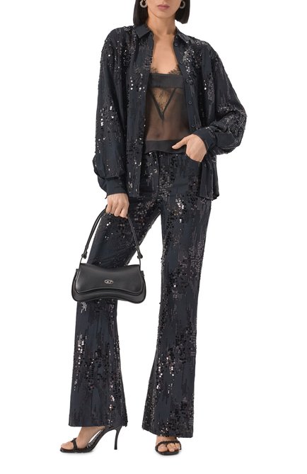 Женская блузка с отделкой пайетками THE KOOPLES черного цвета, арт. FCCL30016K | Фото 2 (Материал сплава: Проставлено; Рукава: Длинные; Материал внешний: Вискоза; Длина (для топов): Удлиненные; Драгоценные камни: Проставлено)