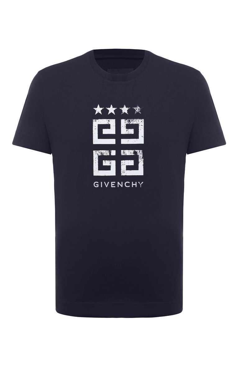 Мужская хлопковая футболка GIVENCHY темно-синего цвета, арт. BM716G3YEL | Фото 1 (Длина (для топов): Станда�ртные; Рукава: Короткие; Материал внешний: Хлопок; Принт: С принтом; Стили: Кэжуэл; Мужское Кросс-КТ: Футболка-одежда; Кросс-КТ: Джерси)