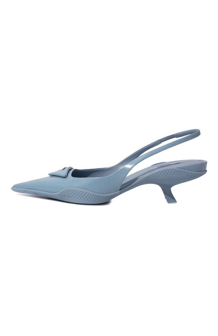 Женские кожаные туфли PRADA голубого цвета, арт. 1I565M-055-F0076-A045 | Фото 4 (Каблук высота: Низкий, Средний; Материал сплава: Проставлено; Подошва: Плоская; Каблук тип: Kitten heel; Драгоценные камни: Проставлено)