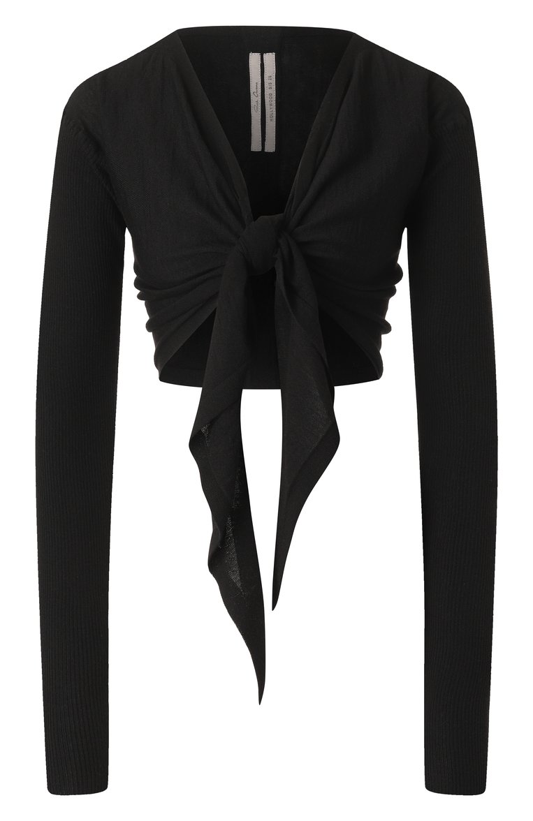 Женский шерстяной кардиган RICK OWENS черного цвета, арт. RP01E7645/M | Фото 1 (Материал внешний: Шерсть; Длина (для топов): Укороченные; Рукава: Длинные; Женское Кросс-КТ: кардиган-трикотаж; Стили: Минимализм; Застежка: Без застежки, Пояс)