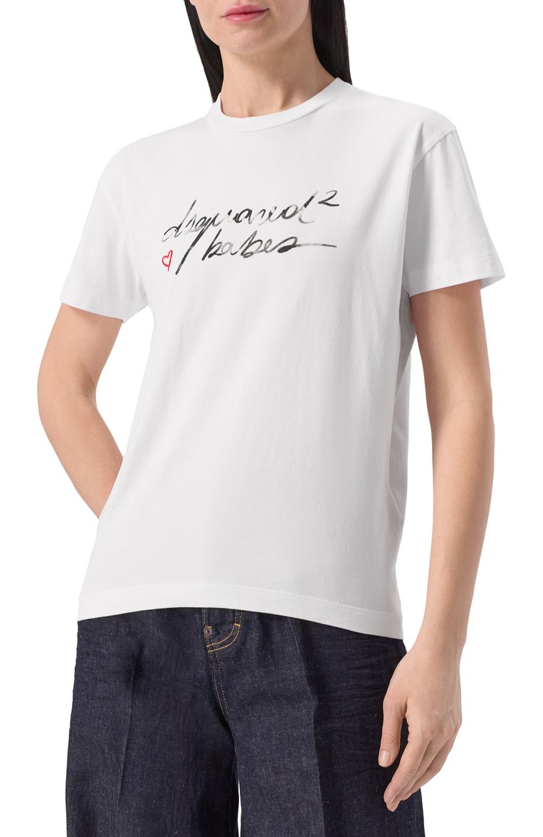 Женская хлопковая футболка DSQUARED2 белого цвета, арт. S72GD0571/D20020 | Фото 3 (Рукава: Короткие; Материал внешний: Хлопок; Длина (для топов): Стандартные; Стили: Кэжуэл; Принт: С принтом; Женское Кросс-КТ: Футболка-одежда; Автоматизация ТО: Проставлено; Автоматизация состава: Проставлено)