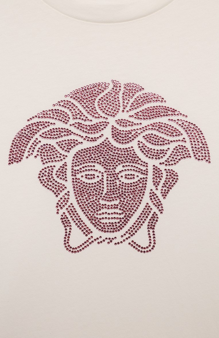 Детская хлопковая футболка VERSACE кремового цвета, арт. 1000052/1A09710/4A-6A | Фото 3 (Материал внешний: Хлопок; Рукава: Короткие; Девочки Кросс-КТ: футболка-одежда; Автоматизация состава: Проставлено; Автоматизация ТО: Проставлено; Ростовка одежда: 4 года | 104 см, 6 лет | 116 см, 5 лет | 110 см)